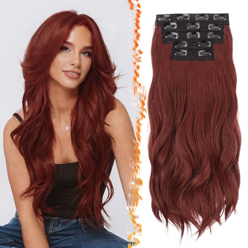 BARSDAR Extension Cheveux à Clips Rouge Auburn, 50cm Longue Ondulées Extension à Clip Cheveux Naturel pour Femme 5PCS Tête Pleine Extensions Synthétique Postiche -...