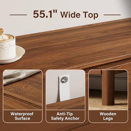 Image of Furniway Walnut Mid-Century Modern Dresser and Nightstand Sets 3 Piece | 8 Drawer Dresser features sturdy wood legs, creating a minimalist storage solution for bedrooms and modern living spaces