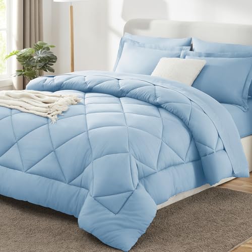 Image of CozyLux King Size Comforter Set Baby Blue - 7 Pieces Bed in a Bag King, Luxury Soft Bed Set for All Seasons, Bedding Set with Down Alternative Comforter, Sheets, Pillowcases & Shams