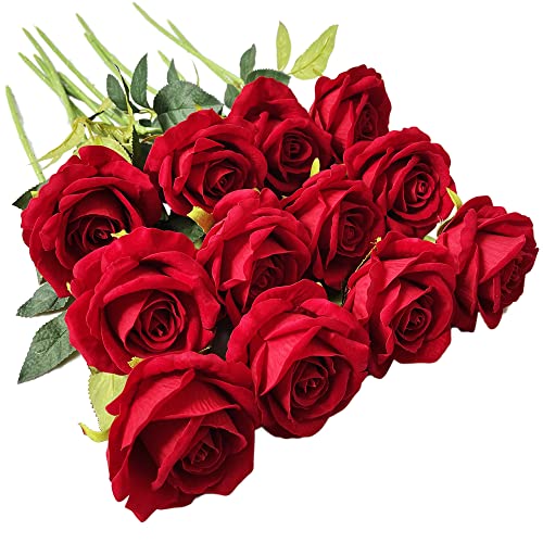 UKELER 12 Pcs Artificial Rose Flowers Red Blossom Rose Flowers Real Touch Silk Faux Roses with Stem Rose Bouquets for Home Decoration Wedding Party Garden Floral Decor