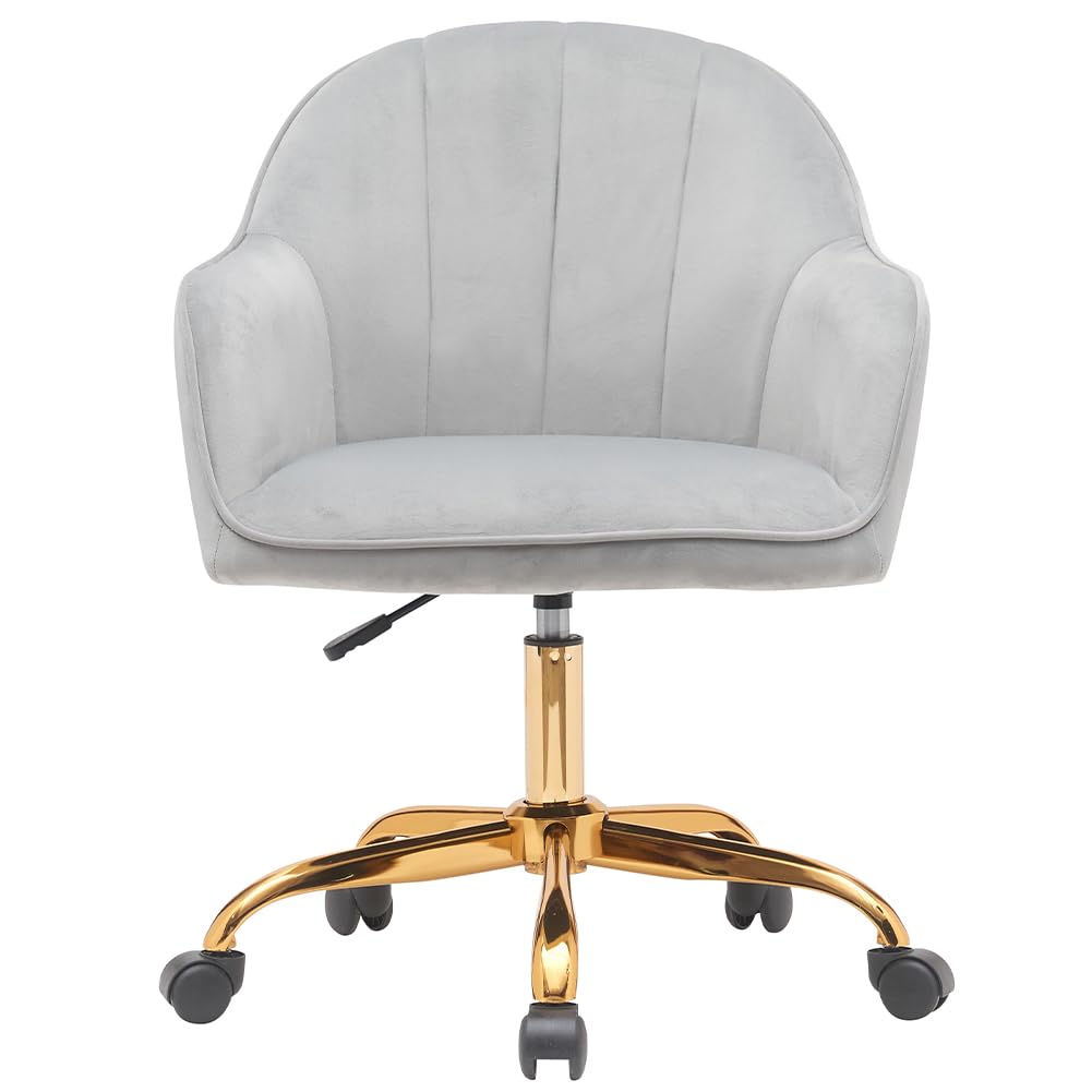 BAKAJI Sedia da Ufficio in Velluto con Base Oro da 55 cm, Imbottitura Extra Morbida e Shabby Chic, Poltrona da Scrivania Arredo Studio Ergonomica con Regolazione Altezza a Gas 95-105 cm (Grigio)