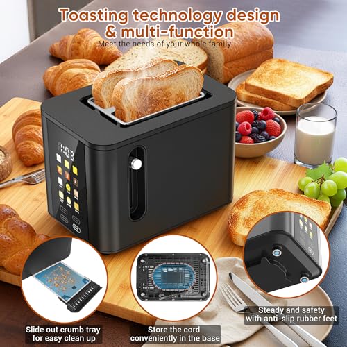 Image of Touch Screen Toaster 2 Slice Black Toaster with Digital Countdown Wide Slot LCD Display 2 Slice Toasters Smart Toasters 6 Shade Settings 6 Bread Type with Reheat /Add Time /Defrost /Cancel Function