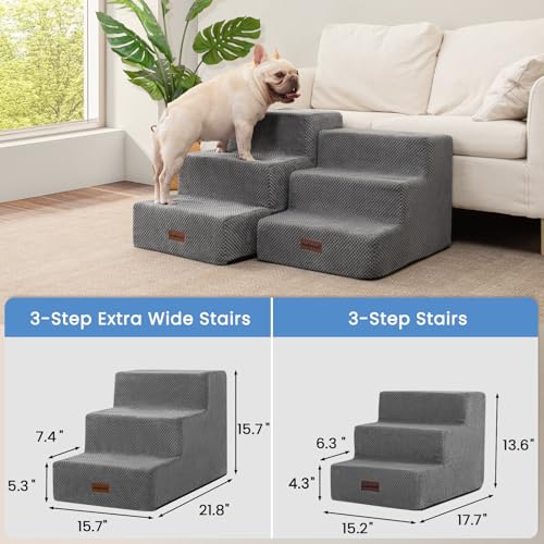Image of Aodisman Dog Stairs for Small Dogs,Wider 3-Step Pet Steps for Couch & Bed | High-Density Foam Dog Steps with Anti-Slip Bottom,Easy for Puppies,Older Cats & Dogs to Reach Sofas & Chairs,Grey,15.7 inch H
