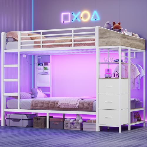 AOGLLATI Lit Superposé 90x200 avec Éclairage LED et 4 Ports USB, 2 x Lit 90x200 avec Sommier en Métal avec 4 Étagères, Tringle, Sac, 3 Tiroirs XL et 2...