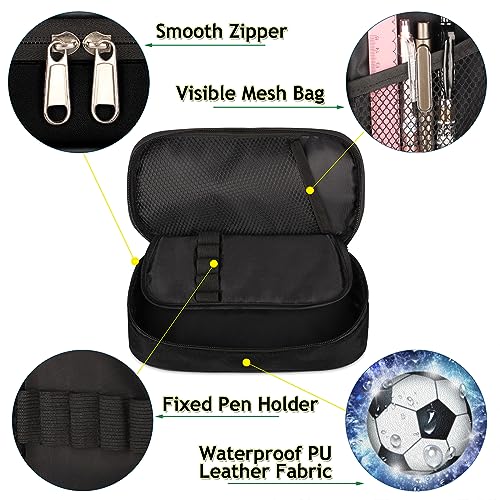 Image of Soccer Ball Leather Pencil Case Pen Holder Blue Sports-Themed Large Capacity Black Stationery Organizer Pencil Bag for Boys Girls Football Pencil Pouch Storage Box for School College Office