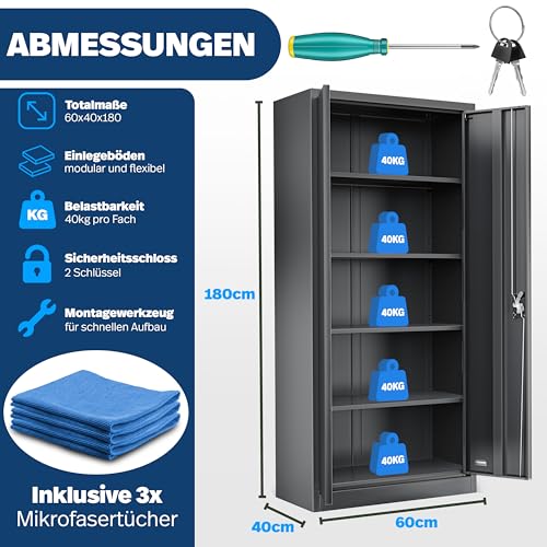 KESSER® Armario archivador con cerradura con puertas batientes 180 x 60 x 40 cm | Armario de oficina de acero con 4 estantes ajustables en altura | Armario multiusos con 5 compartimentos flexibles - imagen 2