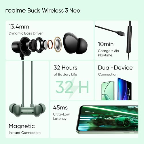 Image of realme Buds Wireless 3 Neo in Ear Bluetooth Neckband with 13.4 Mm Dynamic Bass Boost Driver,Upto 32 Hours Playback,Fast Charge,Ai Enc,45Ms Low Latency,Ip55 Dust&Water Resistannt&Bluetooth V 5.4 Green