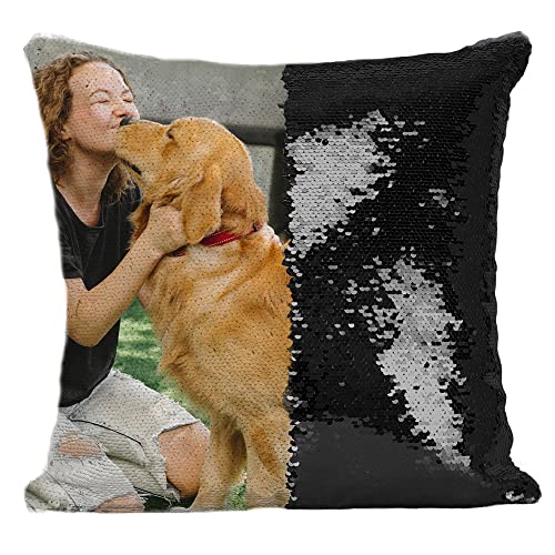 Mougins Custom Photo Sequin Pillow Cases, Personalized Mermaid Cover with Your Photo, Magic Reversible Throw Pillowcase Decorative Cushion for Day/Mom Gifts, Home Decor 16X16 Inch