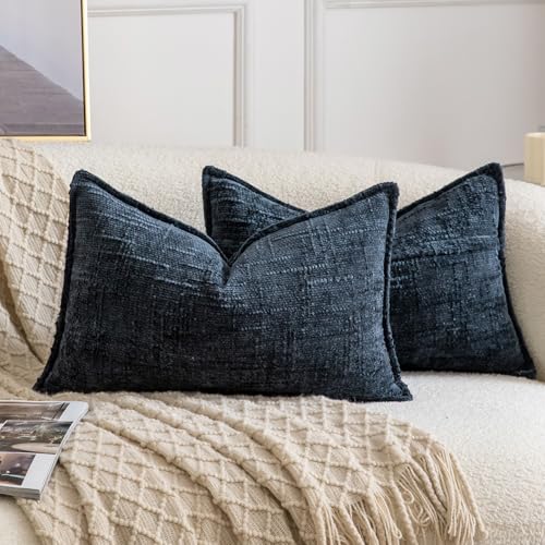 Image of MADIZZ Pack of 2 Chenille Throw Pillow Covers 12x20 Inch Dark Blue Soft Neutral Decorative Throw Pillows for Couch Sofa Boho Accent Cushion Covers Modern Farmhouse Home Decor for Bedroom Living Room