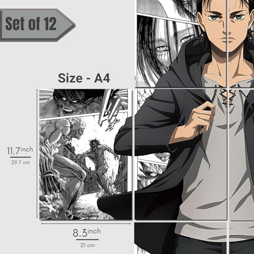 Image of Posternet Set of 12 Eren Yeager manga kit wall decor 300 GSM hard poster Attack on Titan posters Paper Print (11.7 inch X 8.3 inch) Photographic Paper (33 inch X 23 inch)