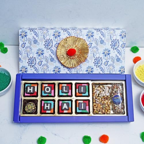 Image of Velvet Fine Chocolates Premium Holi Chocolate Gift sweet tint box 7 assorted chocolates,1 pistachio truffle, 2 seeds squares,1 almond finger Holi Gift Pack for Kids, Family, Friends, Employees