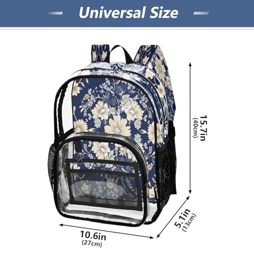 Blue White Pattern Clear Backpack - Stadium Approved Large 15.7-inch Waterproof Transparent Bag for Sports, Concerts, Work, Travel#1364
