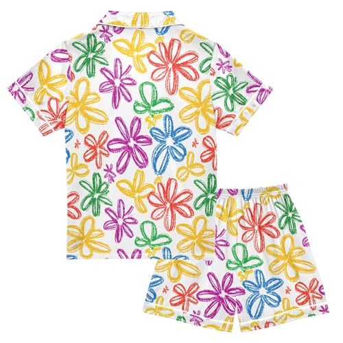 Flower Crayon Pattern Summer Satin Pajama Set, Cute Button-Down Sleepwear Pj Set for Sleep Wears2