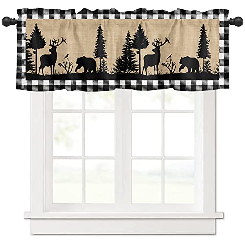Curtain Valances For Windows Treatment Tier Curtains 54X18 In, Christmas Black White Buffalo Check Short Valance Curtain Rod Pocket Curtains For Kitchen, Forest Polar Bear Black Pine Tree Rustic #TOP2