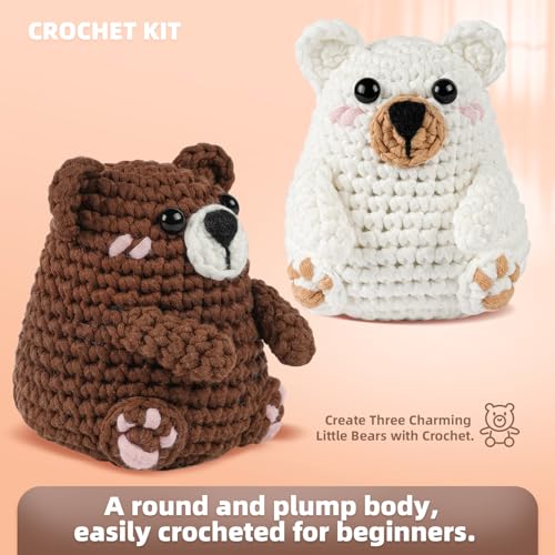 Image of MOREJMTT Crochet Kit for Beginners, Learn to Crochet, Include Easy Knitting Soft Yarn, Step-by-Step Video Tutorial, Hook, Holiday Birthday Gift for Adults (Polar & Brown Bears)