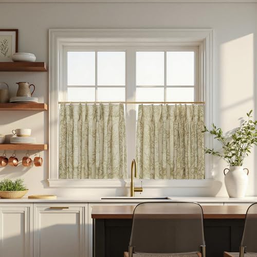 Image of TWOPAGES Pinch Pleat Leaf Print Cafe Curtains, Travertine, 26W x 45L