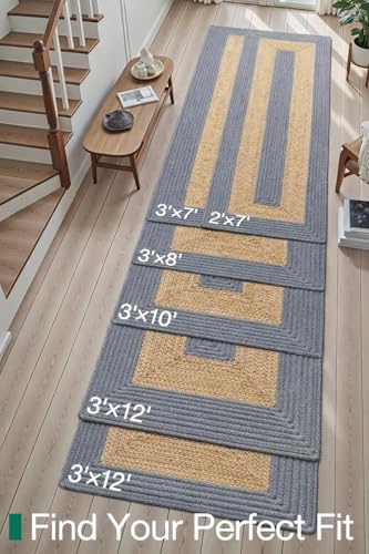 Image of Handwoven Jute Cotton Carpet 2x6 Ft Grey & Beige Plain - Natural Boho Area Rug for Living Room | Eco-Friendly, Durable Floor Mat for Bedroom, Dining & Home Decor