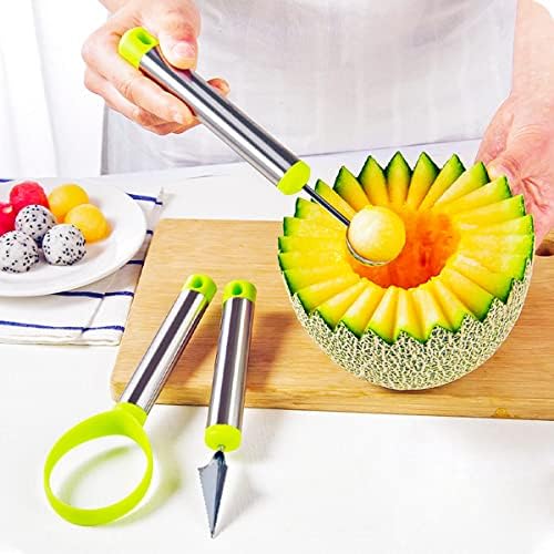 huahuo 4 Pcs Melon Cutter Set, Stainless Steel Fruit Carving Tools Melon Baller Dig Pulp Separator with Fruit Forks Set for Different Fruits (Green)