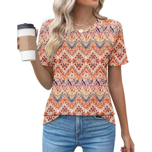 Kistore Womens Casual Crew Neck Short Sleeve Pleated Tops Blouses Fashion Clothes 2026 A4 Bohemia Floral Small