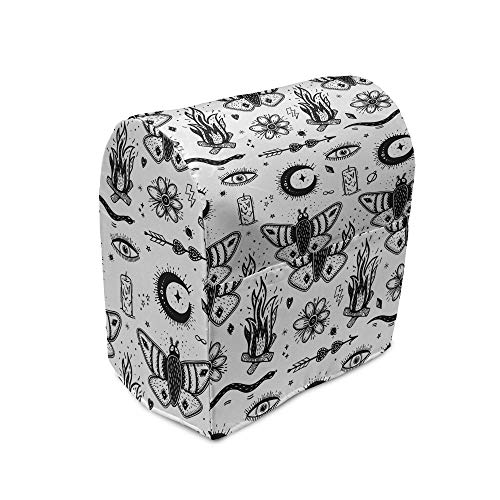 Ambesonne Magic Moon Stand Mixer Cover, Repeating Monochrome Eye Bonfire Crescent Candle Sketch Gothic Inspirations, Kitchen Appliance Organizer Bag Cover with a Pocket, 6-8 Quarts, Black and White