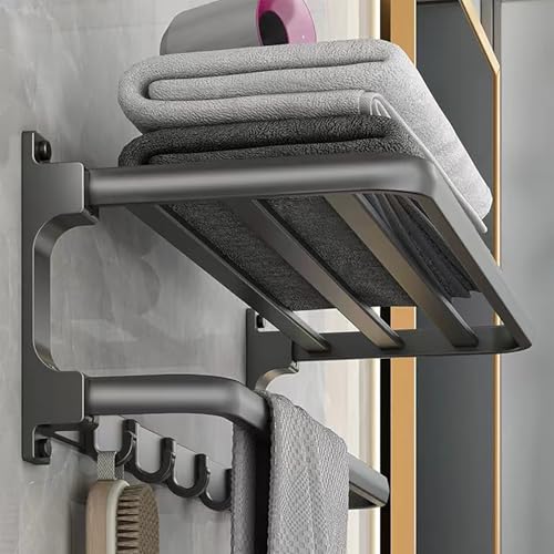 Porte-Serviettes sans perçage- Porte Serviettes de Salle de Bain - Montage Mural - avec 5 Crochets pour Serviettes de Bain, 58cm-Gris