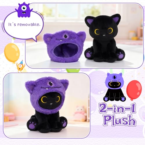 Image of Black Cat Plush Toy, 8inch Cute Stuffed Cat with Purple One-Eyed Monster Removable Hood, Soft Toy Monster Kitten Plushie Kawaii Christmas Brithday Gifts for Girls Boys