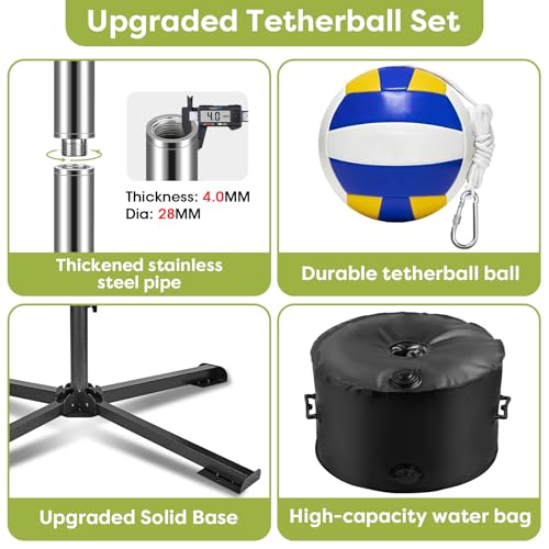Tetherball Set,Tetherball Ball and Rope Pole 9.5ft with Sturdy Base,Portable Tetherball Set Heavy Duty for Outdoor Backyard Dogs Lawn Tetherball Game Beach Adjustable Tetherball Sets Equipment Kit