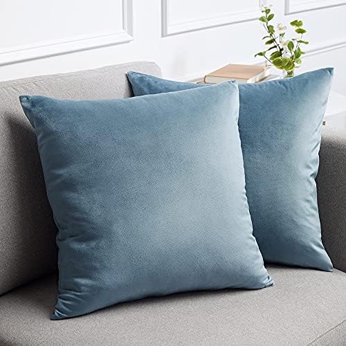 lalaLOOM Velvet Throw Pillow Cases, Set of 2, Softest Accent Case for Pillows, Decorative Square Covers for Home Decor, Silky Cover for Sofa, Couch, Bedroom, Living Room, Washable 18x18 Stone Blue
