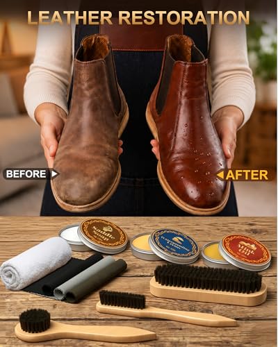 Jevvu 10PCS Leather Care Kit, Saddle Soap, Mink Oil & Waterproof Wax, Shoe Shine Kit for Boots, Leather Shoes & Cowboy Boots, Boot Cleaning Kit with Horsehair Brushes, Polish Cloths & Towel, Gift Set — view 4