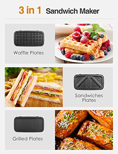 Sandwich Maker 3 in 1 Waffle Maker with Removable Plates, 1200W Panini Press Grill, 5-Gears Temperature Control and LED Indicator Display, Non-stick Coating, Black, Silver/Black