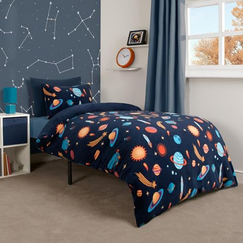 OHS Navy Space Bedding Single, Boys Duvet Sets Winter Bedding Fleece Duvet Cover with Pillowcase Ultra Soft Warm Cosy Fluffy Bed Set