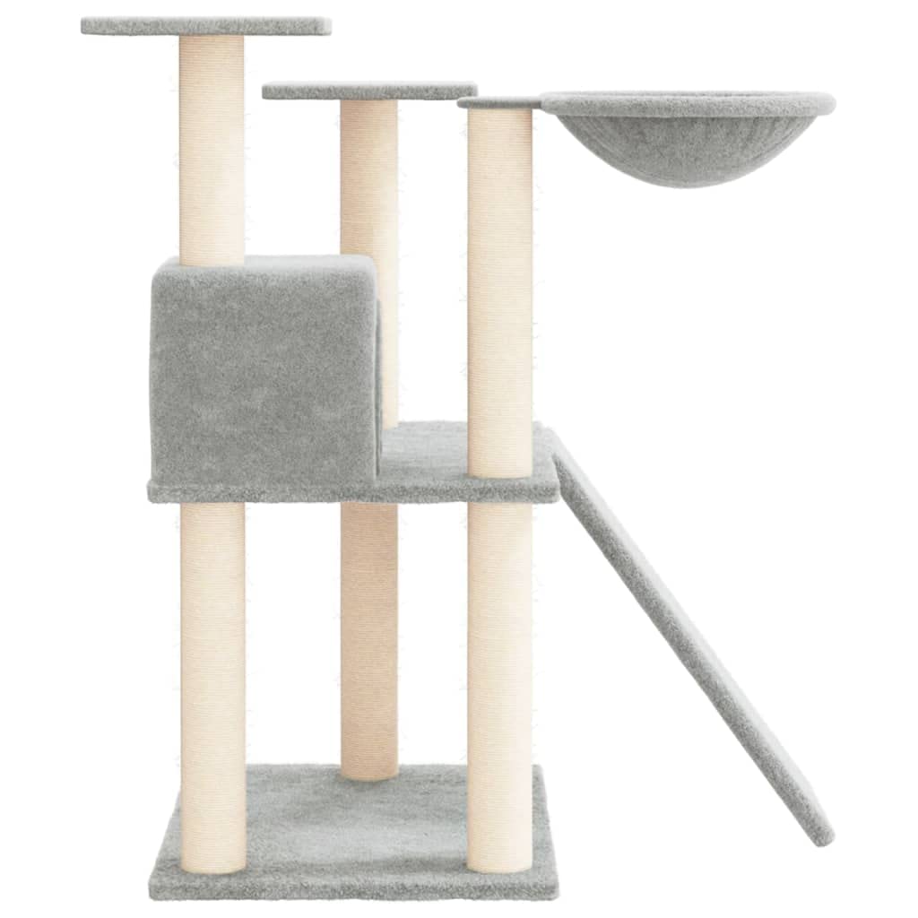Kratzbaum mit Sisal-Kratzsäulen und Hängematte, 83 cm hoher Katzenturm mit Kuschelhöhle und Plattform, stabiles Katzenmöbel aus Holzwerkstoff und Plüsch, Hellgrau