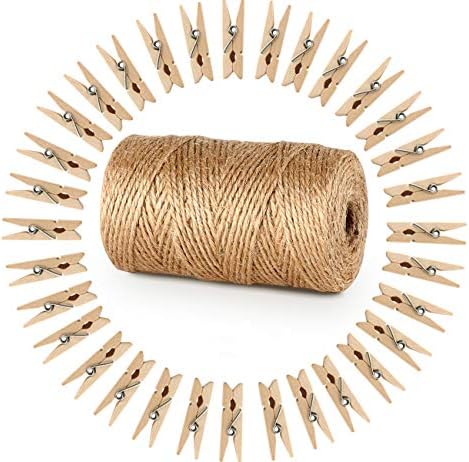 ABSOFINE 328 Feet Jute Twine 3-ply and 100 Pieces Mini Natural Wooden Craft Clothespins Craft Pegs Clips for DIY Gardening Making Decor
