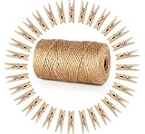 ABSOFINE Garten Kordel mit 100 Wäscheklammern Holz 3,5cm Bastelschnur Jute Kordel 100M Natur Juteschnur Clothespins Verpackung Gastgeschenk