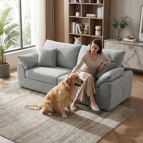 Image of 89.8 inch Modern Loveseat Sofa for Living Room, Cloud Boneless Couches with 4 Pillows, Mid Century Loveseat couches for Small Place, No Assembly Required, Light Grey