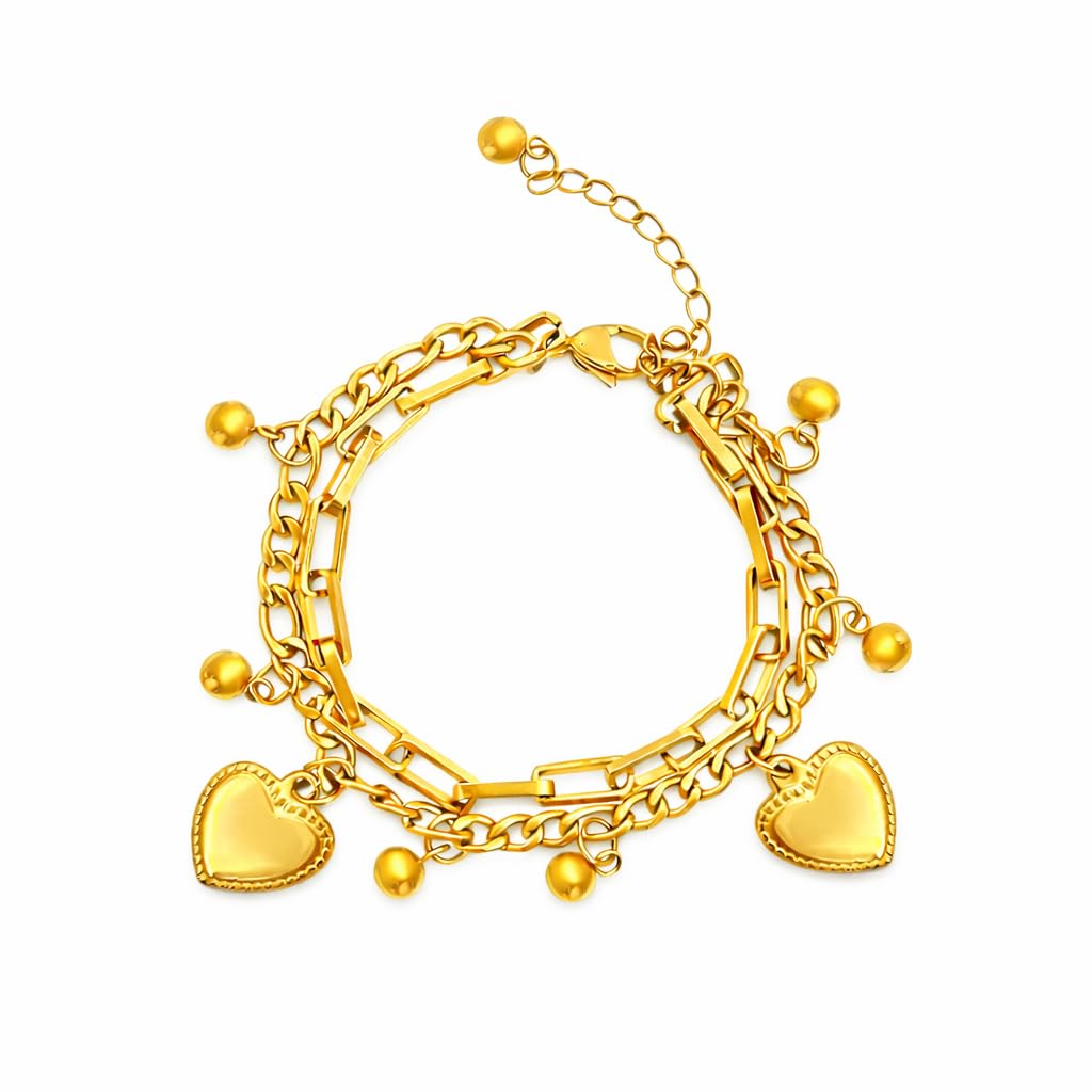 Gold-Plated Link Chain Bracelet with Heart Charms and Beads Borders, Double Layered Chain Design, Women's Fashion Jewelry-image-6
