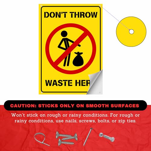 Image of Don't Throw Waste Here Sign Sticker Board | 20.5 x 14.5 CM | Peel & Stick or Screw Fixing | Pack of 2 Waste Warning Sign for Home, Office, Shop & Public Areas (Don't throw waste here, Medium -20.5 x 14.5 CM)