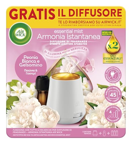 Airwick Armonia Istantanea Profumatore per Ambienti, Confezione con 1 Diffusore di Oli Essenziali e 1 Ricarica per Diffusore di Oli Essenziali alla Fragranza Peonia e Gelsomino