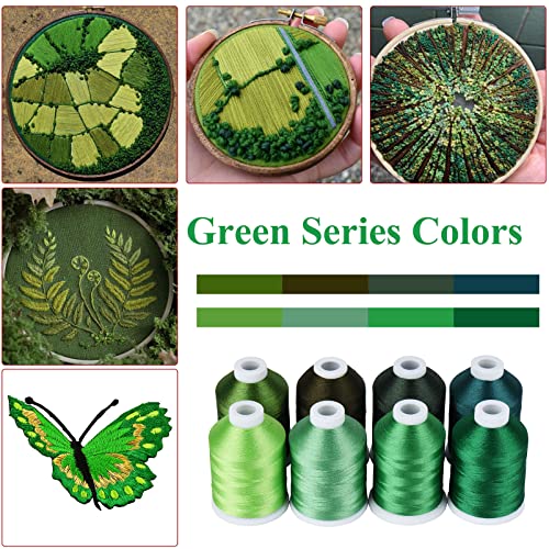 Simthread Green Embroidery Thread 8 Madeira Colors 550Yards, 40Wt 100% Polyester For Brother, Babylock, Janome, Singer, Pfaff, Husqvarna, Bernina Machine #TOP2