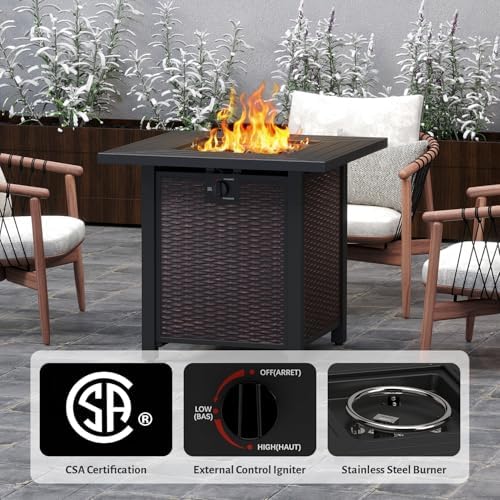 Propane Fire Pit Table, 28 Inch 50,000 BTU Auto-Ignition Gas Fire Pit Table, CSA Certification, Rattan-Look with 6.6 Lbs Lave Rock for Garden/Patio/Porch/Backyard. - 5