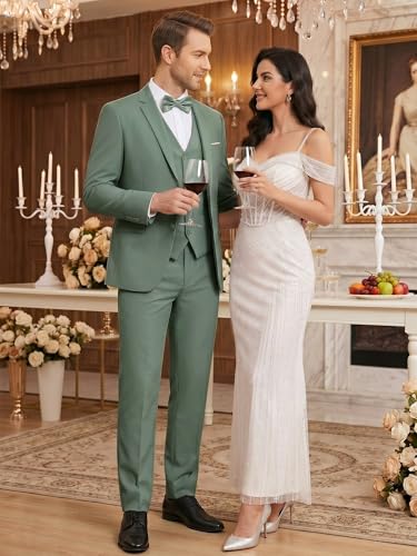 Image of WEEN CHARM Men's 3-Piece Slim Fit Suit Set-2-Button Blazer,Vest & Pants-Formal Wedding,Prom,Party & Business Tuxedo