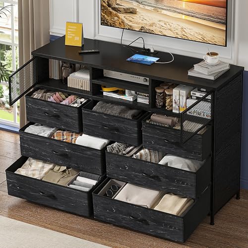 Sturdy Black Metal TV Stand with Power Outlet & 7 Drawers for Bedroom