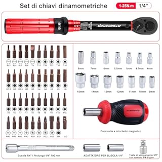 ATsafepro 61 Pezzi Chiave Dinamometrica 1/4",3-25 Nm Chiave Dinamometrica Bici,Con Adattatore da 1/4" a 3/8", Prolunga da 10 cm, Punte, Cacciavite, Precisione ±3% per Biciclette, Motociclette