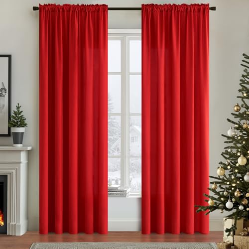 Image of MIULEE Red Semi Sheer Privacy Curtains Drapes 2 Panels 52W x 72L | Semi sheer privacy, non-see-through, light filtering, fits kitchen, bathroom, bedroom