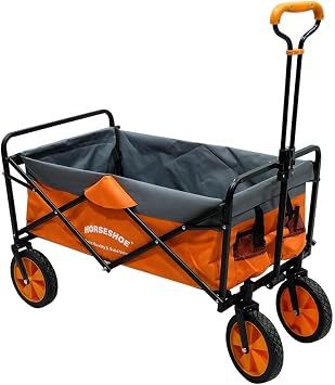 HORSESHOE Heavy Duty Max. Load 300LBS Collapsible Folding Utility Wagon Carts w/Flat Free Tires, Safety Belt & Folded Storage Bag for Sporting Camping Shopping Travel Picnic Orange