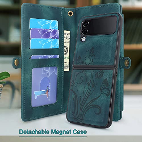 Lacass Compatible With Samsung Galaxy Z Flip 4 Flip4 5G Case [ 10 Card Slots ] Id Credit Cash Holder Detachable Magnetic Leather Wallet Phone Cover Wrist Strap Lanyard (Butterfly Cyan) #TOP1