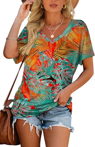 Image of WIHOLL Womens Summer T-Shirts Short Sleeve V Neck Dolman Tops with Side Shirring Loose Fit Shirts Spring Fashion