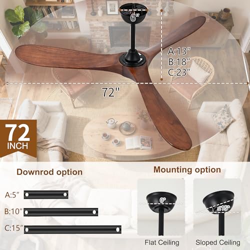 Image of Ceiling Fans with Lights and Remote, Large Outdoor Ceiling Fan with Light Dimmable for Patios Living Room Bedroom Gazebo High CFM 3 Blade Propeller Indoor Damp Rated Fan (Walnut 72 Inch)