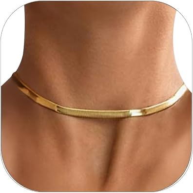 FOCALOOK 14K Gold Plated Necklaces for Women, Herringbone Choker Necklace | 3/5MMW Stainless Steel Flat Snake Chain, Non Tarnish, Trendy Jewelry for Everyday Wear & Layering, 12.5"/15"/18"+3.5"L