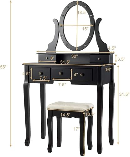 Miniatura 8 de AUGESTER - Juego de tocador de maquillaje iluminado, juego de tocador con 12 luces, espejo ovalado giratorio de 360°, 5 cajones deslizantes,